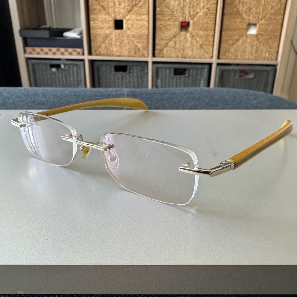 GOLD AND WOOD RIMLESS EYEGLASSES…EXCELLENT CONDITION. MADE IN LUX AO1